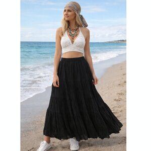 Black Cotton Tiered Lined Crinkle Maxi Skirt NWT elastic-waist boho festival